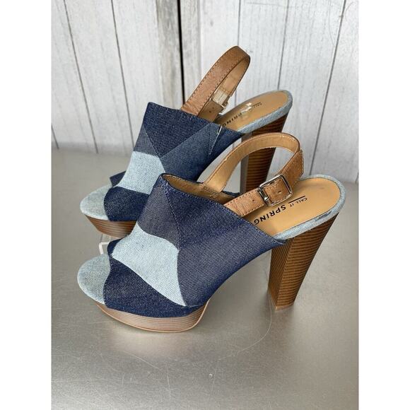 Call It Spring Blue Denim Open Toe Ankle Strap Patchwork Platform Size 9 - Picture 1 of 6